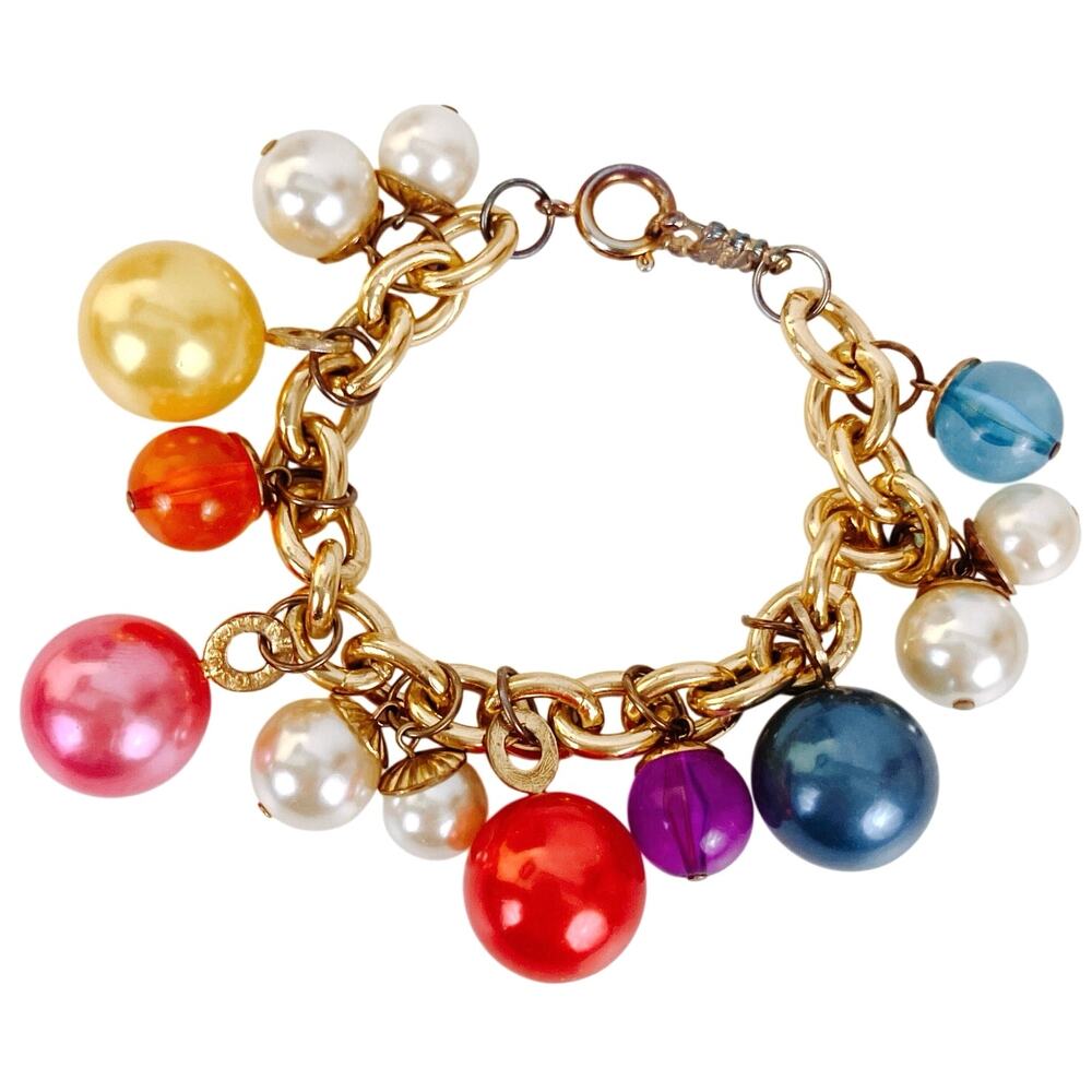 Vintage Mid Century Chunky Lucite & Metal Bead Charm Bracelet Colorful Size 7.5
